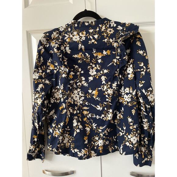 J Crew Shirt Women Medium Navy Gold Ruffle Trim Shoulder Chest Cotton Shirt - Picture 5 of 11